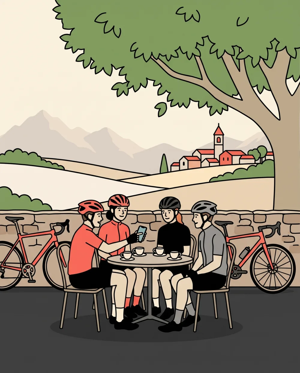 Ilustración: una grupeta hace la parada del café a media ruta y mira el recorrido en el móvil