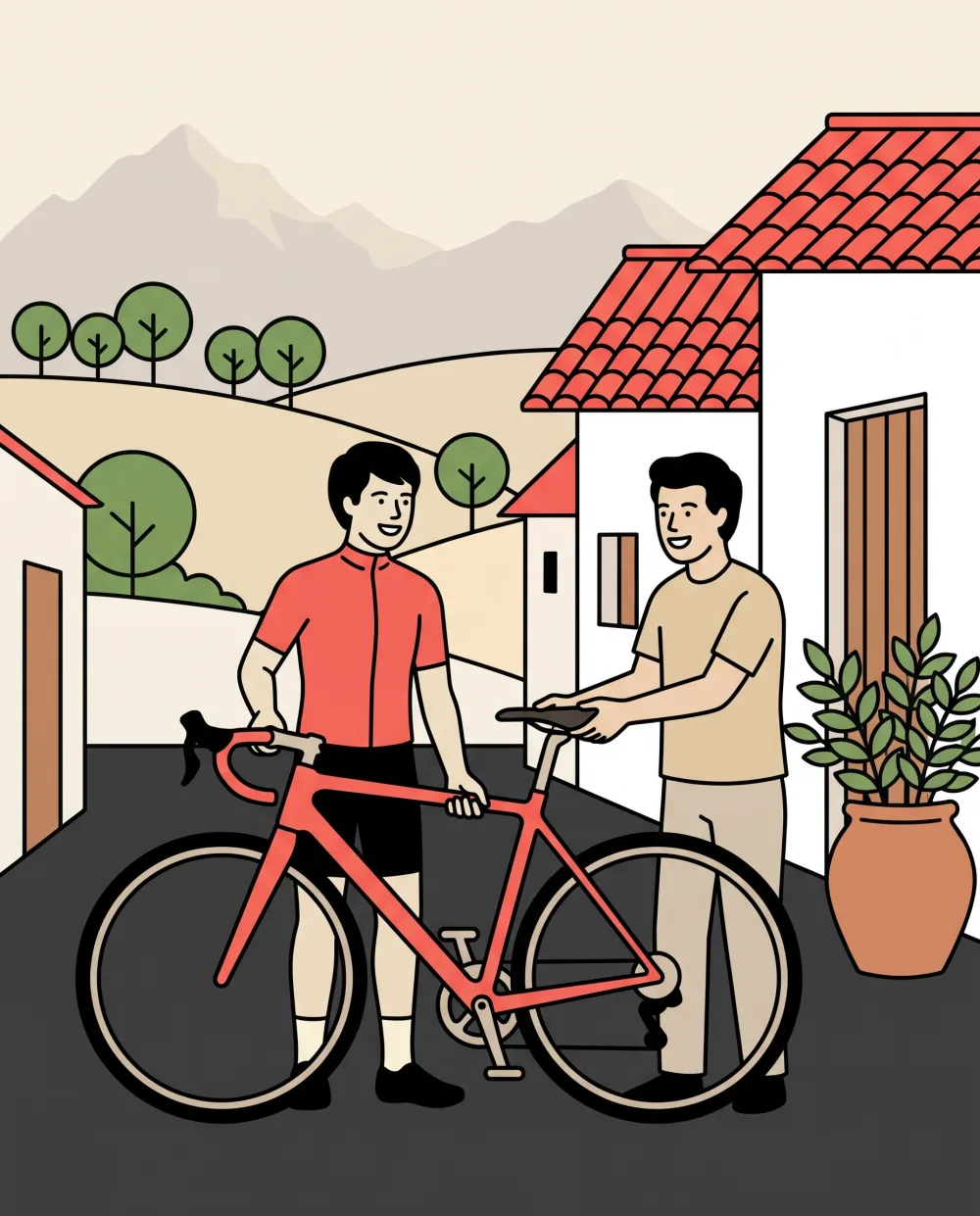 Ilustración: dos personas se pasan una bici de segunda mano en la calle de un pueblo