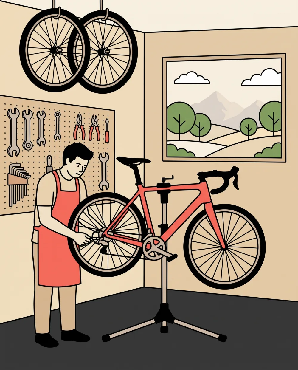 Ilustración: un mecánico ajusta el cambio de una bici de carretera en su taller