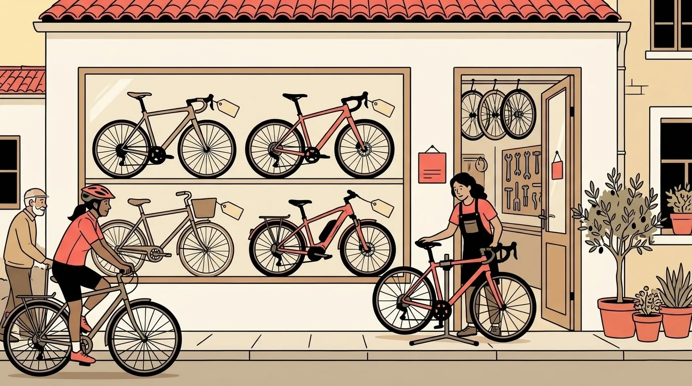 Una tienda de bicis de barrio con su escaparate lleno de bicis a la venta, la dueña en la acera y dos ciclistas mirando.