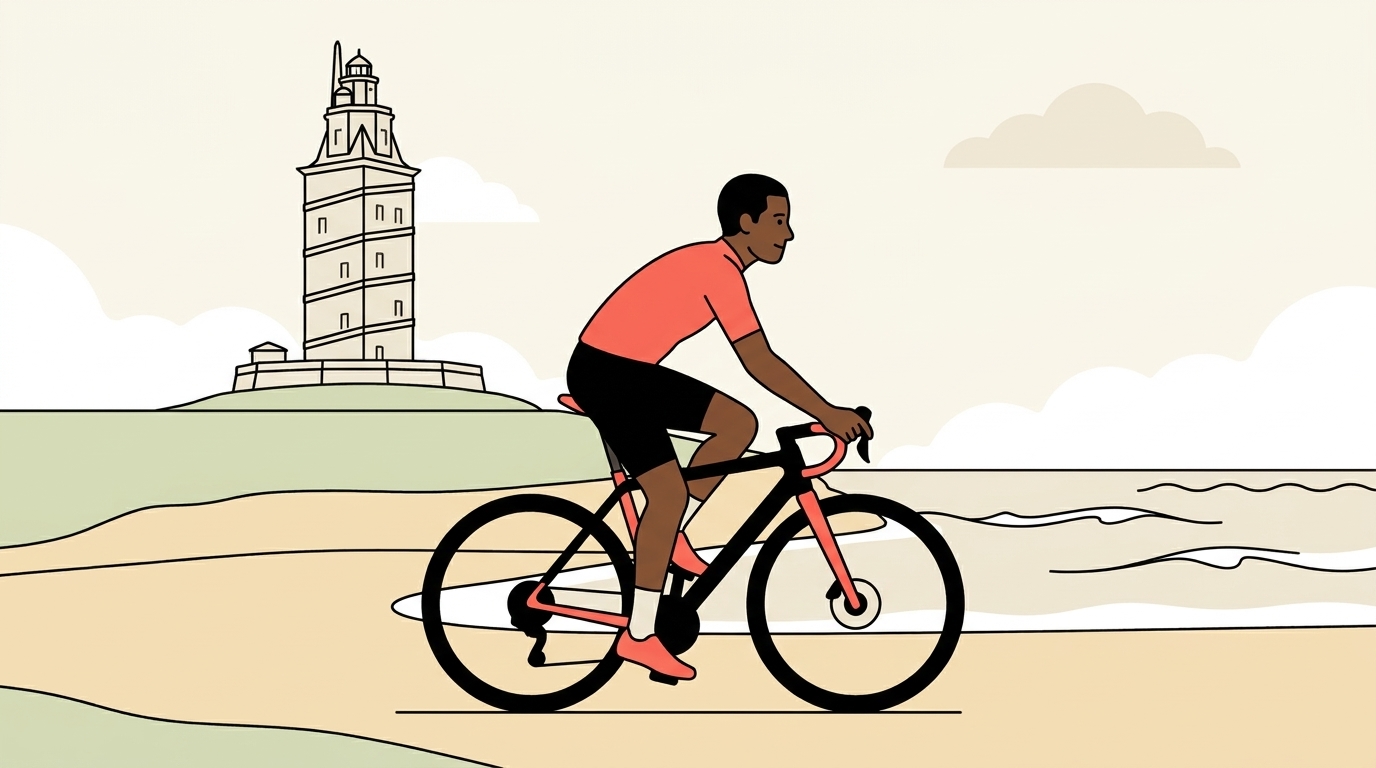 Ilustración de un ciclista de gravel de unos treinta años y piel oscura rodando por el paseo junto a la costa atlántica, con la Torre de Hércules sobre el promontorio verde y el mar al fondo