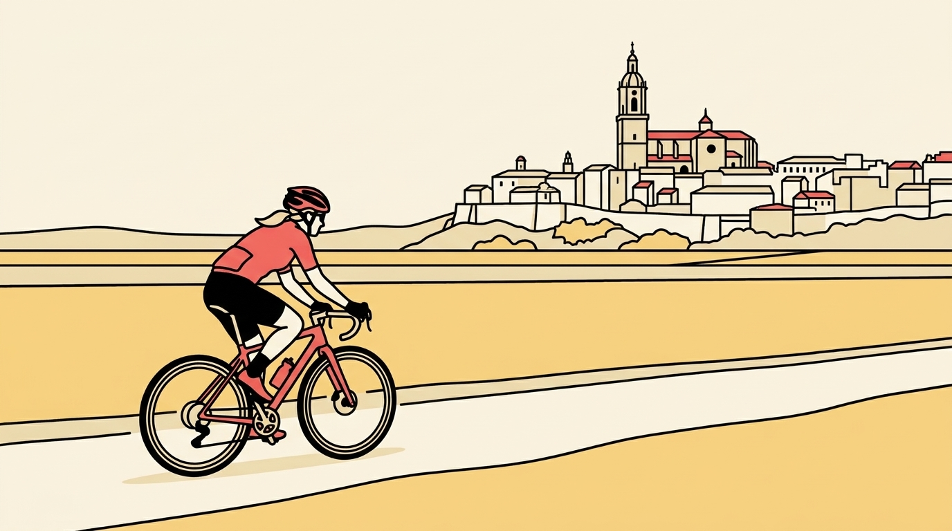Ilustración de una ciclista de gravel rodando por un camino entre campos de cereal de la Llanada alavesa, con la silueta de Vitoria-Gasteiz y la torre de la catedral de Santa María al fondo