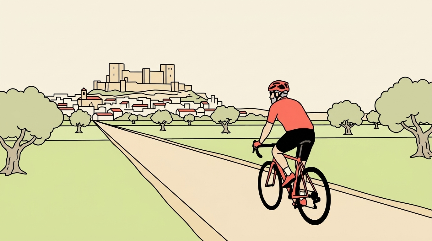 Ilustración de un ciclista de más de sesenta años en bici de carretera por una recta entre campos de La Mancha, con el castillo de Chinchilla de Montearagón sobre su cerro al fondo