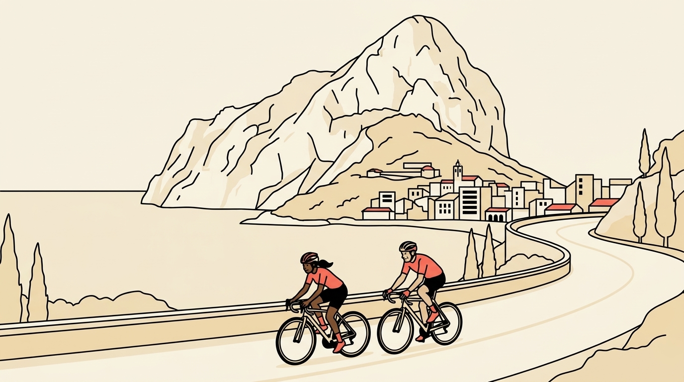 Ilustración de una ciclista y un ciclista rodando juntos por una carretera de costa junto al mar Mediterráneo, con el Peñón de Ifach de Calp alzándose sobre el agua al fondo