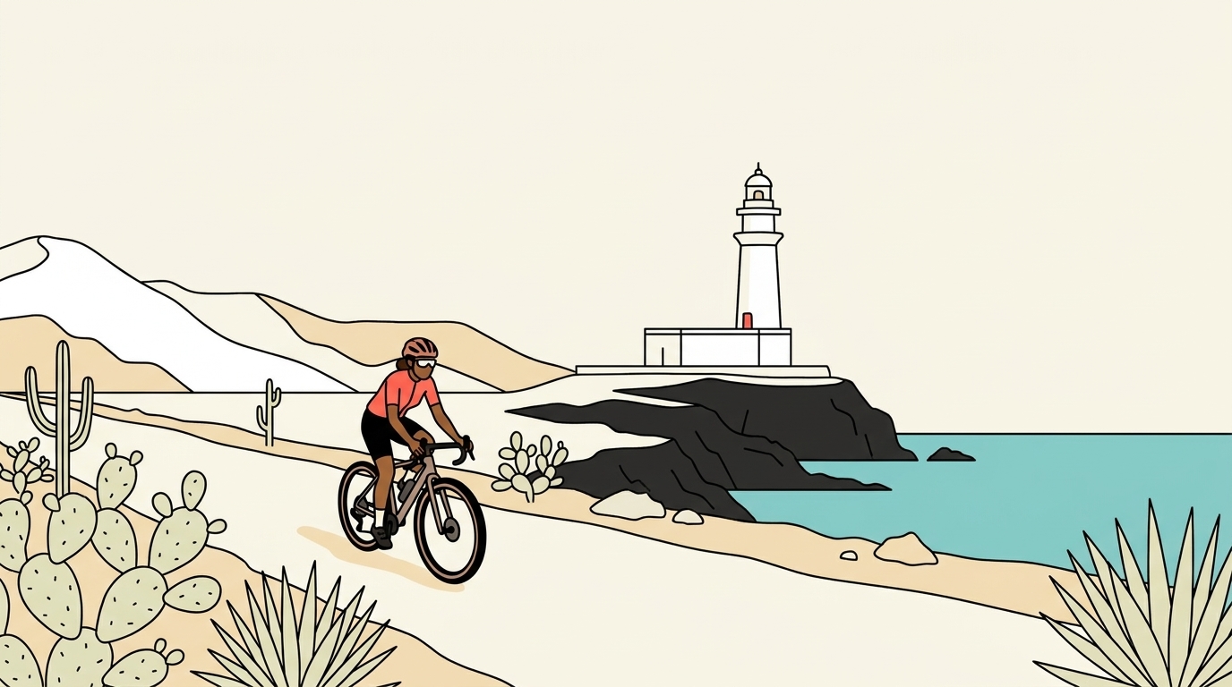 Ilustración de una ciclista de gravel de unos cuarenta años rodando por una pista de tierra junto al mar en el Cabo de Gata, con el faro blanco sobre los acantilados volcánicos y las chumberas a un lado