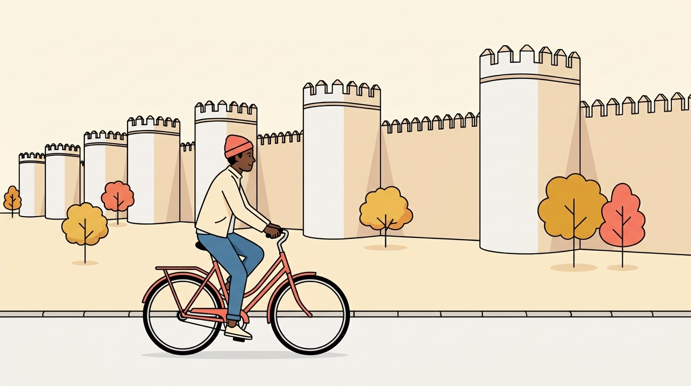 Ilustración de un ciclista joven con ropa de calle en una bici urbana rodando por el camino que bordea las murallas de Ávila, con sus torres redondas y almenas de piedra a lo largo de todo el fondo