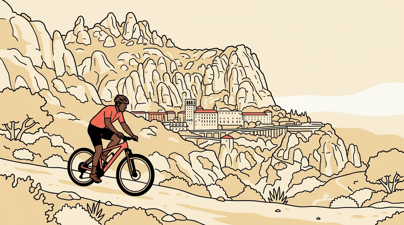 Ilustración de un ciclista de montaña de unos cuarenta años y piel morena rodando por un sendero de tierra entre encinas, con las agujas de roca de Montserrat y el monasterio a media ladera al fondo