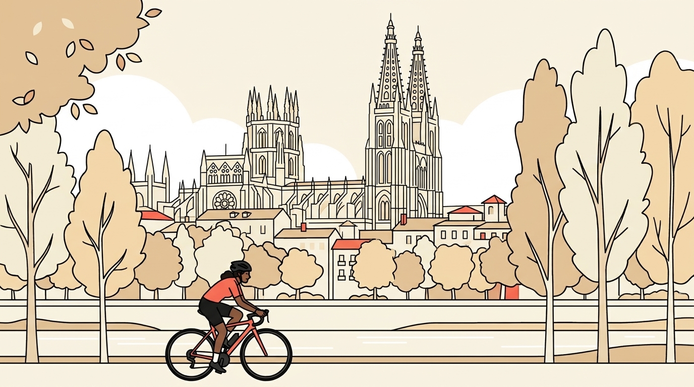 Ilustración de una ciclista de carretera de unos treinta años y piel oscura rodando por el paseo junto al río Arlanzón, con las agujas góticas de la catedral de Burgos sobre los tejados al fondo y chopos con hojas de otoño