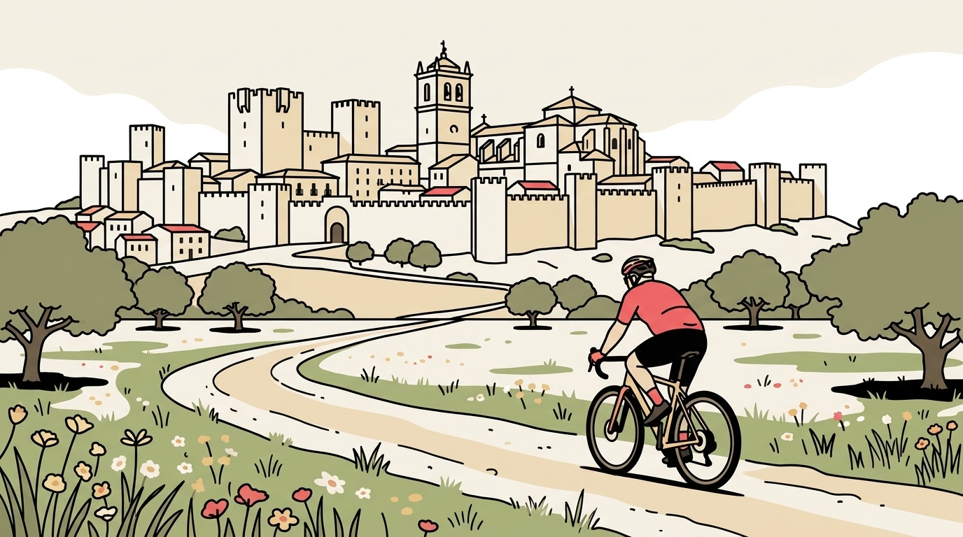 Ilustración de un ciclista de gravel de unos cincuenta años y complexión ancha rodando por un camino de tierra entre encinas de la dehesa, con las torres y murallas de la ciudad monumental de Cáceres sobre la colina al fondo