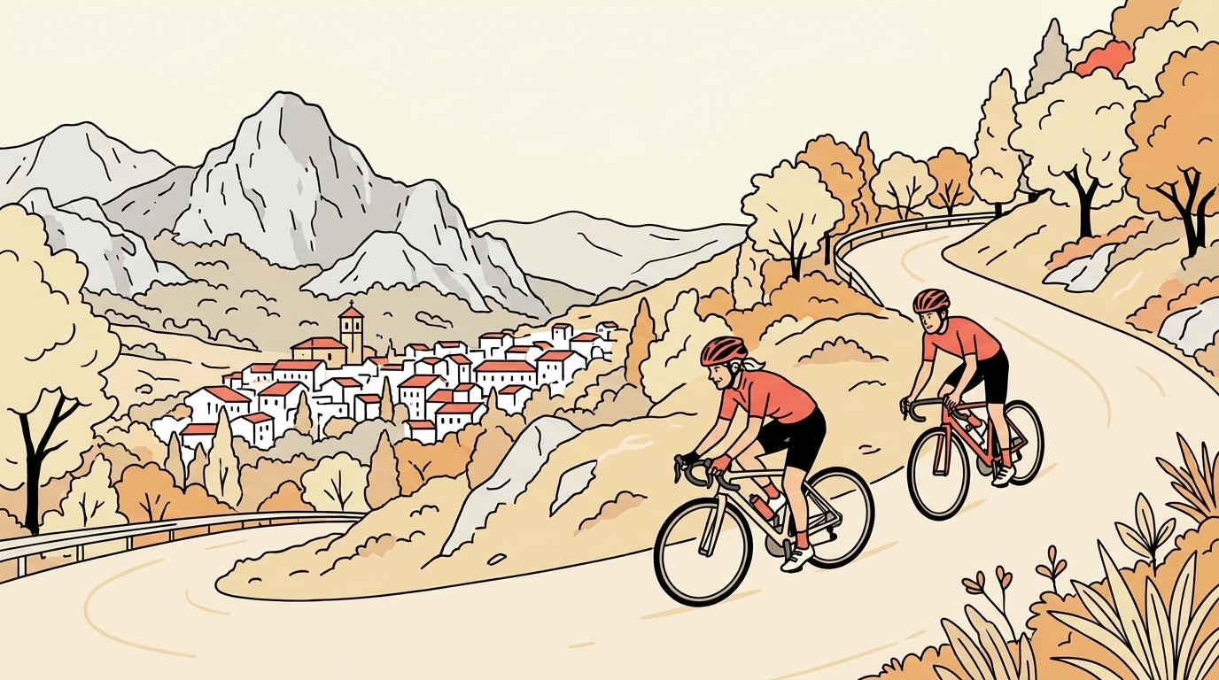 Ilustración de una ciclista de unos cincuenta años tirando de un ciclista joven en una carretera de montaña con curvas, con el pueblo blanco de Grazalema a sus pies y las sierras rocosas de la Sierra de Grazalema al fondo
