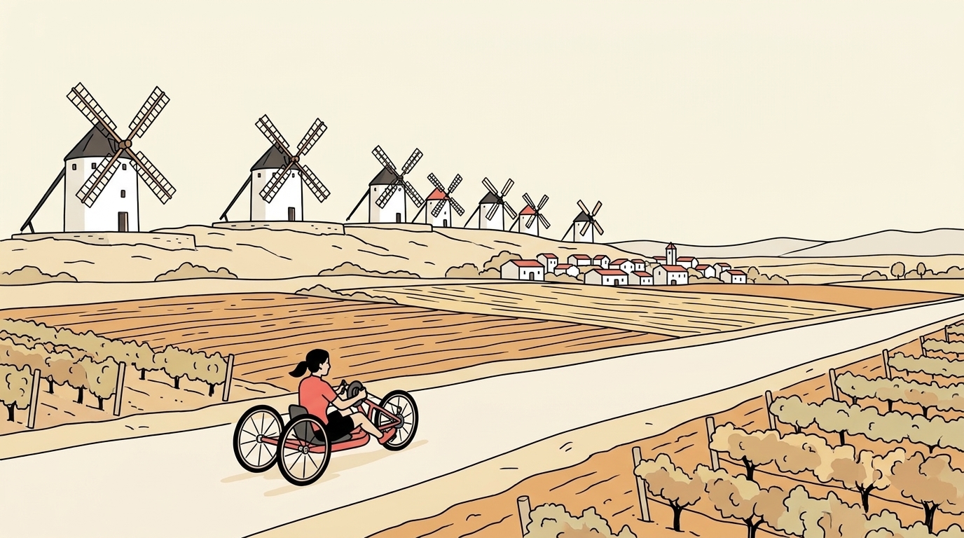 Ilustración de una mujer de unos treinta y cinco años en una bici de mano adaptada, rodando por un camino entre campos de La Mancha, con la hilera de molinos blancos de Campo de Criptana sobre la loma al fondo