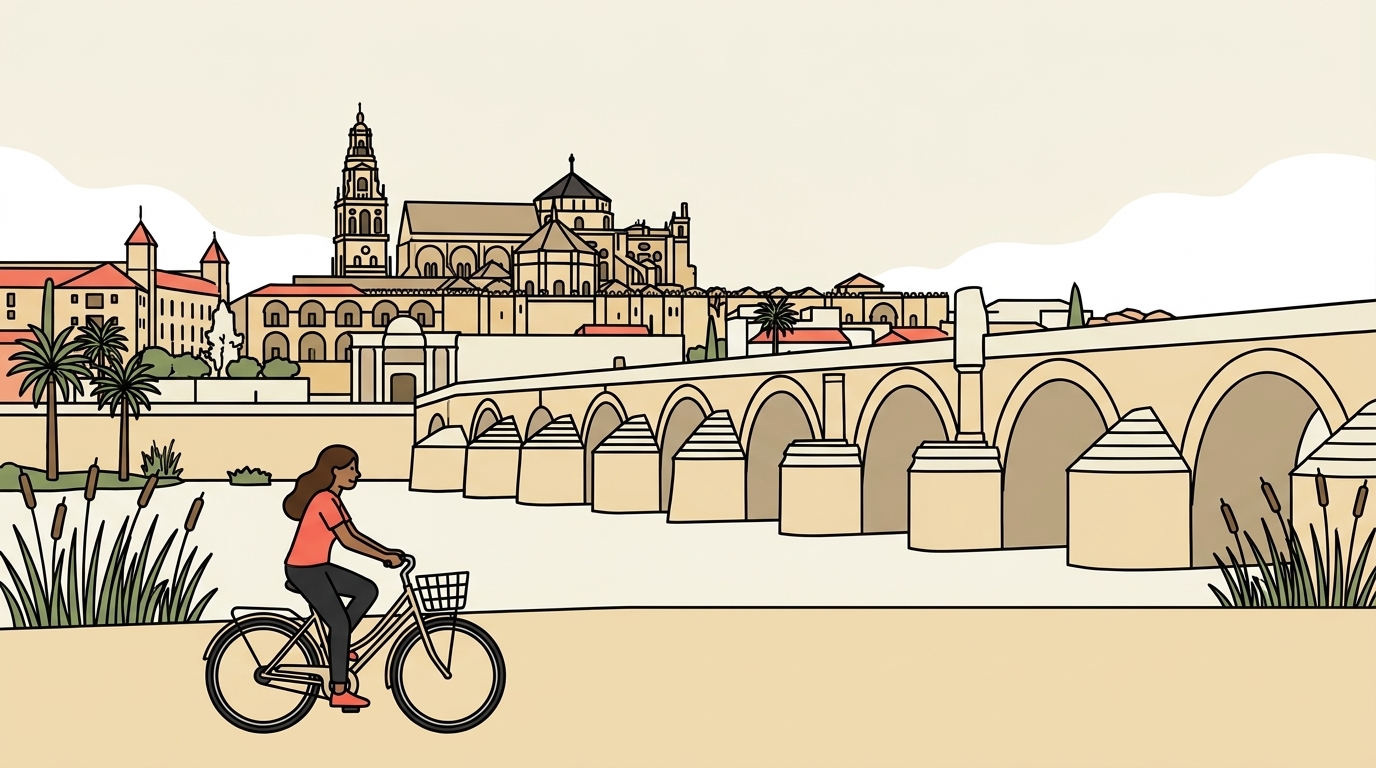 Ilustración de una mujer joven de piel morena en una bici urbana, con ropa de calle, rodando por la orilla del Guadalquivir, con el puente romano de muchos arcos y la Mezquita-Catedral de Córdoba al fondo