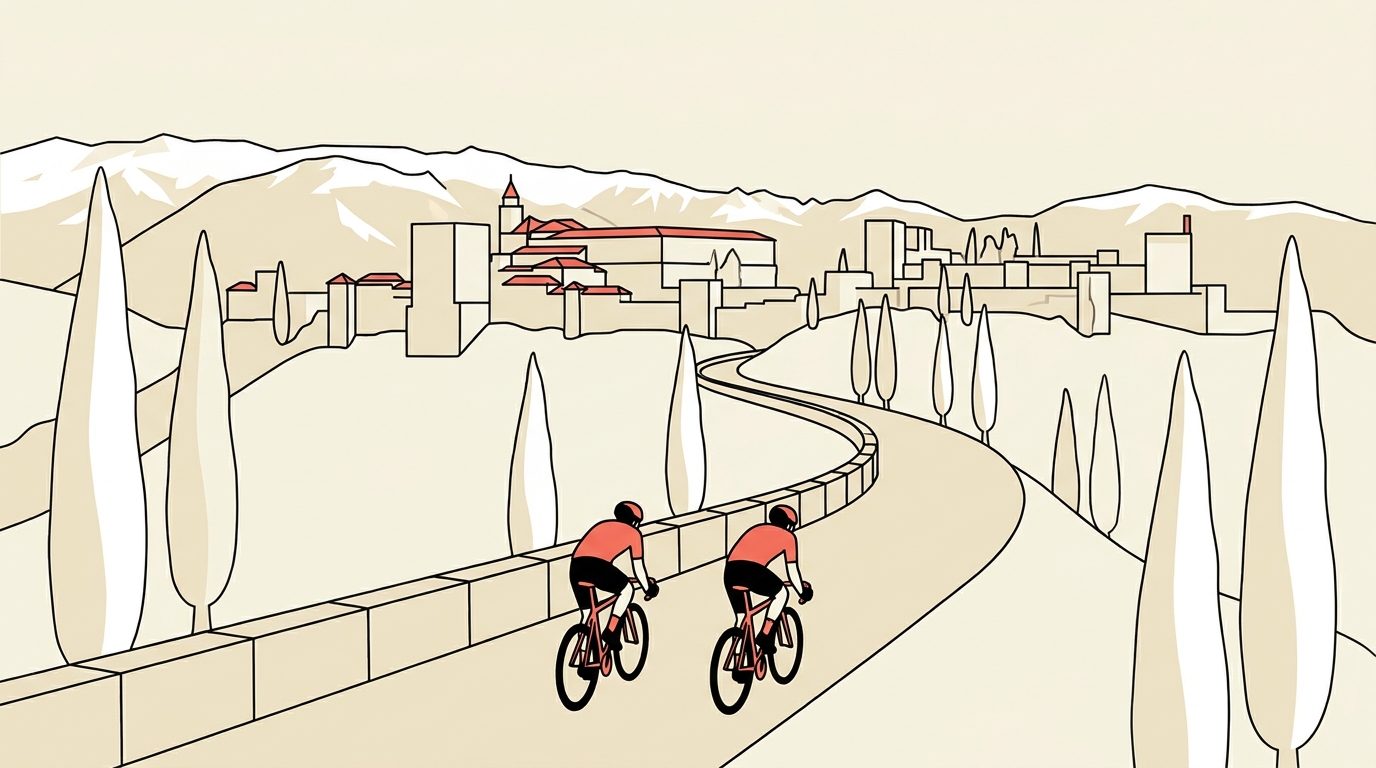 Ilustración de dos ciclistas subiendo por una carretera con curvas hacia la Alhambra, con los picos nevados de Sierra Nevada detrás