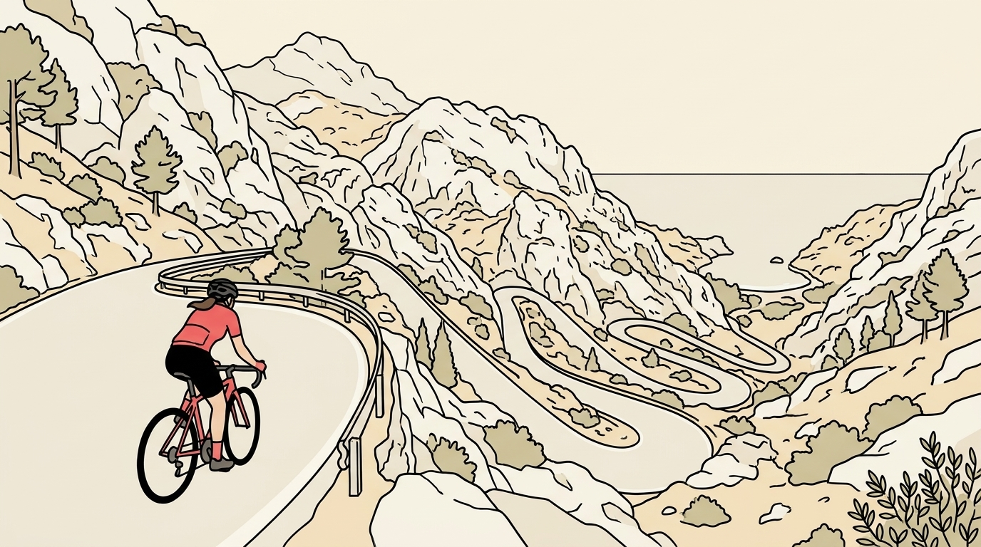 Ilustración de una ciclista de carretera subiendo por las curvas en zigzag de Sa Calobra, entre las rocas de la Serra de Tramuntana, con el mar Mediterráneo al fondo