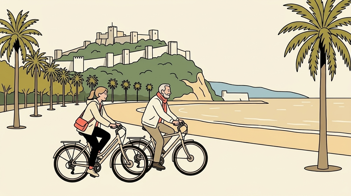 Ilustración de una mujer joven y un hombre de unos sesenta y cinco años rodando en bicis urbanas por el paseo junto al puerto de Málaga, con palmeras, la Alcazaba y el castillo de Gibralfaro sobre el monte al fondo