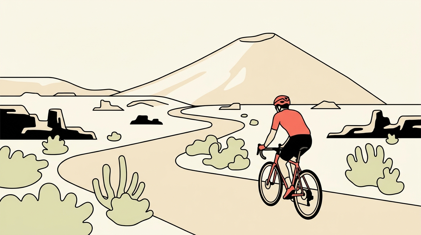 Ilustración de un ciclista subiendo por la carretera entre coladas de lava hacia el Teide, con el cielo despejado